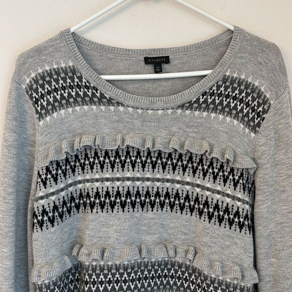 Talbots Women’s Fair Isle Lambs wool blend ruffle knit sweater gray black XL EUC - Picture 2 of 6